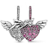 Sparkling Heart & Angel Wings Red Crystal Necklace Pendant 925 Silver Charm