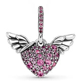 Sparkling Heart & Angel Wings Red Crystal Necklace Pendant 925 Silver Charm