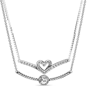 Sparkling Heart Wishbone Collier Necklace 925 Sterling Silver