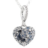 Moon & Stars Heart Leaves Pave Necklace 925 Sterling Silver Charm Jewelry