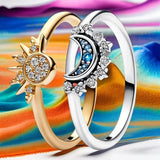 Celestial Moon Sun Ring Silver 925 Crystal
