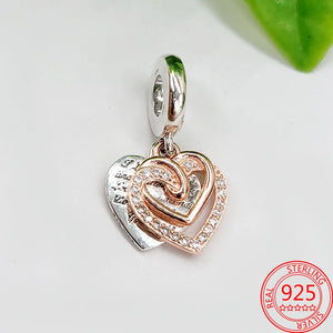 Pav Zircon Entwined Hearts Dangle Charm 925 Silver Jewelry Gift