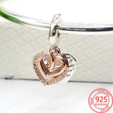 Pav Zircon Entwined Hearts Dangle Charm 925 Silver Jewelry Gift