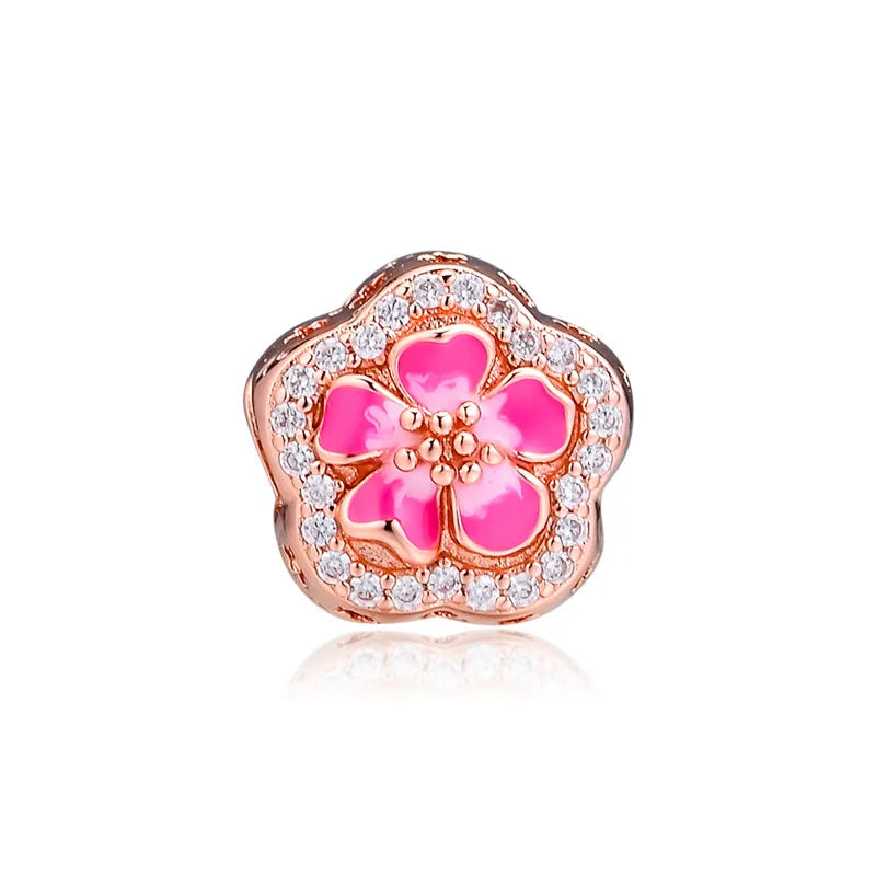 Peach Blossom Flower Charms 925 Silver Beads for Bracelets