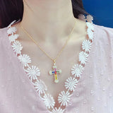 Rainbow CZ Cross Pendant Necklace 925 Silver Clavicle Female Party Cocktail