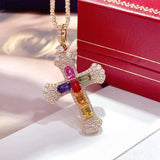 Rainbow CZ Cross Pendant Necklace 925 Silver Clavicle Female Party Cocktail