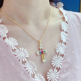 Rainbow CZ Cross Pendant Necklace 925 Silver Clavicle Female Party Cocktail