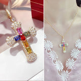 Rainbow CZ Cross Pendant Necklace 925 Silver Clavicle Female Party Cocktail