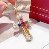 Rainbow CZ Cross Pendant Necklace 925 Silver Clavicle Female Party Cocktail