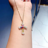 Rainbow CZ Cross Pendant Necklace 925 Silver Clavicle Female Party Cocktail