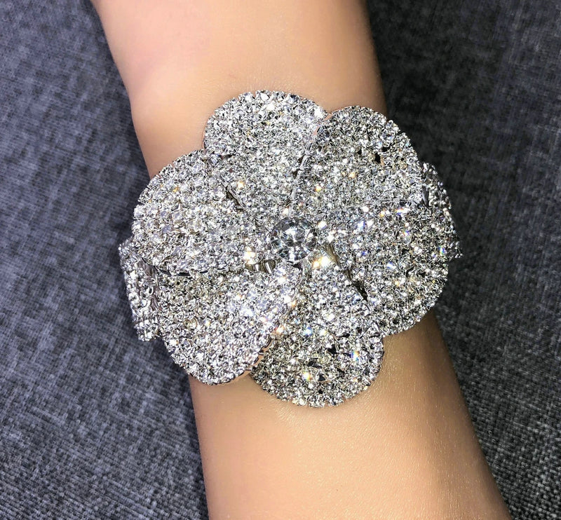 Rhinestone Flower Cuff Bracelet Crystal Open Bangle