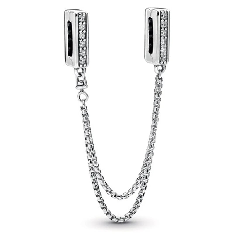 Rose Sliver Safety Chain Reflexions Clip Charm Europe Bracelet 925