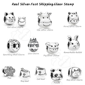 Skull 925 Silver Charms Dog Cat Bowl Beads Rabbit Lion for Bracelets Necklaces