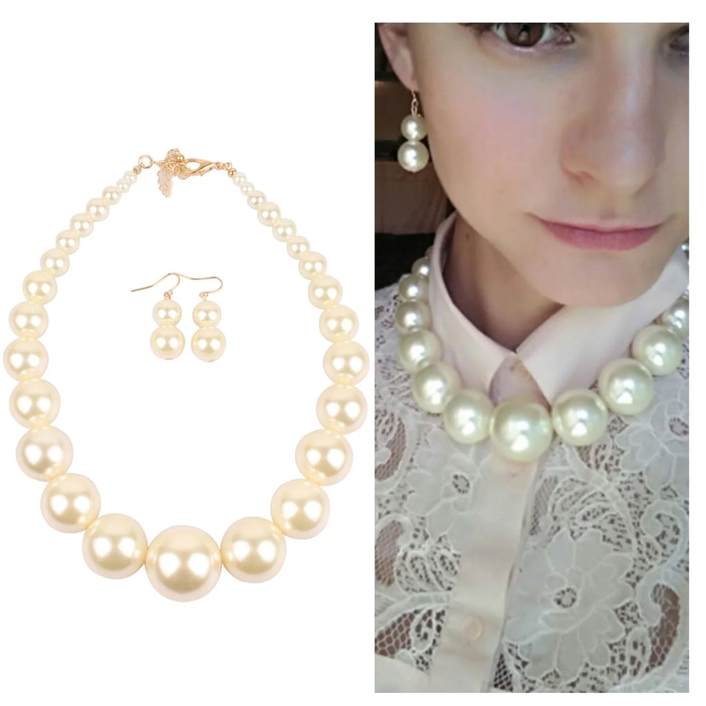 Vintage Pearl Necklace Earrings Set Wedding Women Jewelry