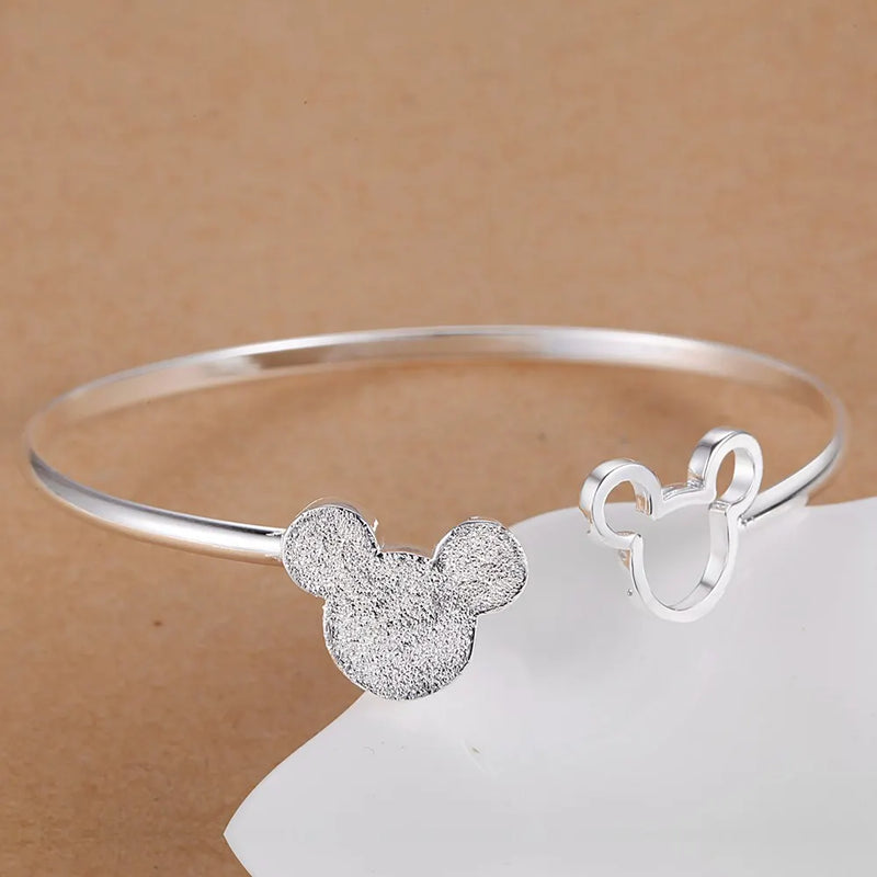 925 Stamped Silver Frosted Mickey Bangle Bracelet for Women