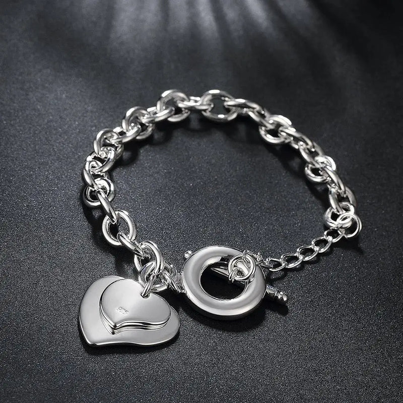 925 Silver Heart Pendant Bracelet Women