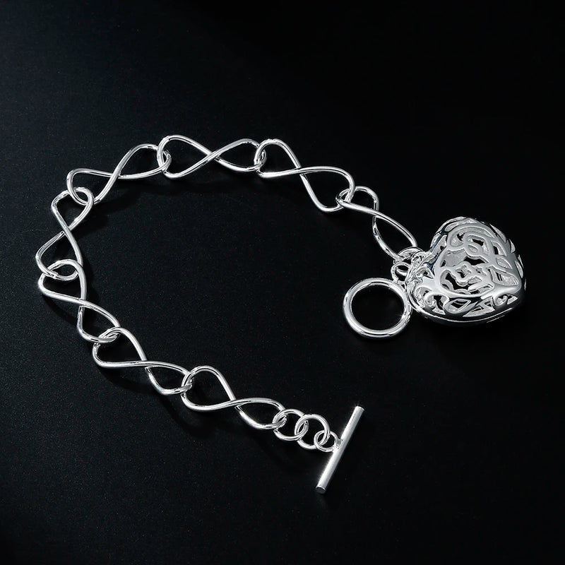 925 Silver Hollow Heart Bracelet Women Wedding Jewelry Holiday