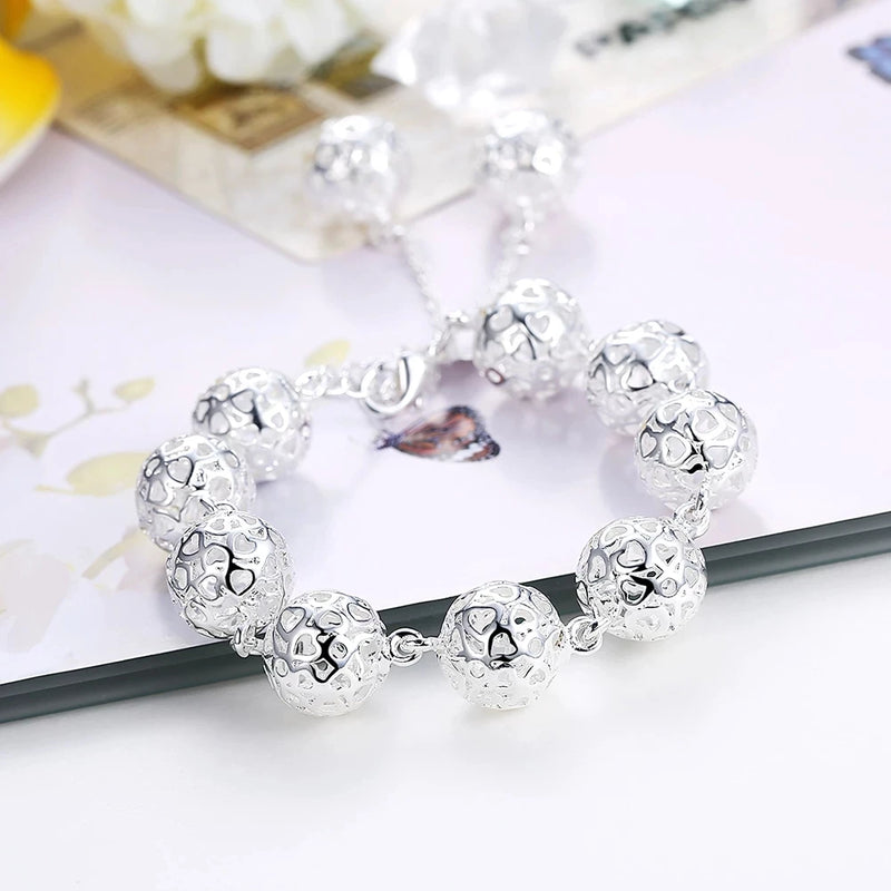 Pretty Hollow Heart Ball 925 Sterling Silver Bracelet for Women