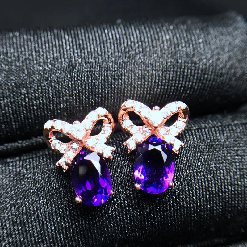Natural Amethyst Stud Earrings 925 Sterling Silver with Certificate Rose