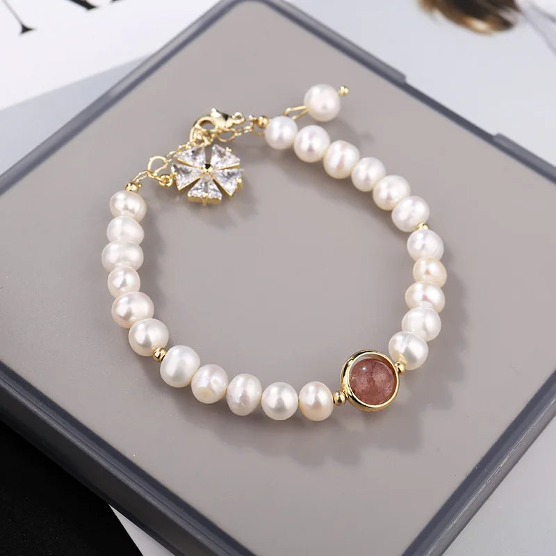 Freshwater Pearl Bracelet Strawberry Crystal Zircon Hand Jewelry for Women