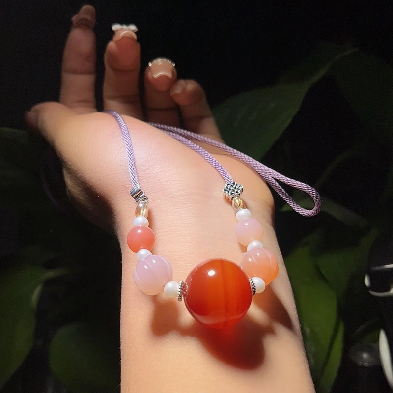 Red Round Jade Bead Pendant Sweater Chain Necklace