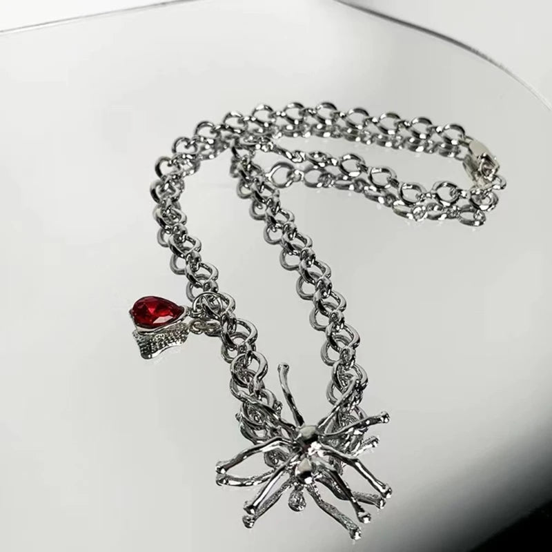 Spider Pendant Long Necklace Vintage Gothic Spider Blood Drop Clavicle Chain