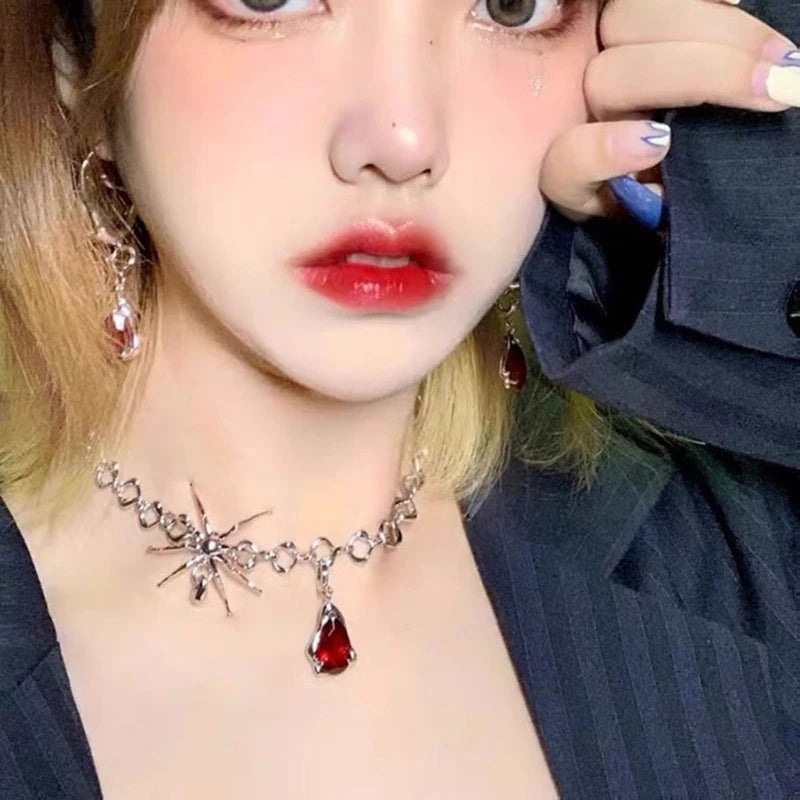 Spider Pendant Long Necklace Vintage Gothic Spider Blood Drop Clavicle Chain