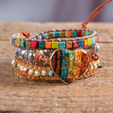 Spiritual Chakra Leather Wrap Bracelets Mix Stone Heart Shape 3 Strands Bracelet
