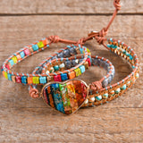 Spiritual Chakra Leather Wrap Bracelets Mix Stone Heart Shape 3 Strands Bracelet