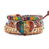 Spiritual Chakra Leather Wrap Bracelets Mix Stone Heart Shape 3 Strands Bracelet