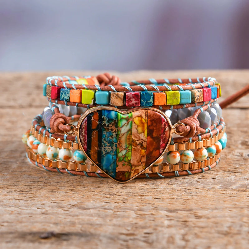 Spiritual Chakra Leather Wrap Bracelets Mix Stone Heart Shape 3 Strands Bracelet
