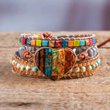 Spiritual Chakra Leather Wrap Bracelets Mix Stone Heart Shape 3 Strands Bracelet