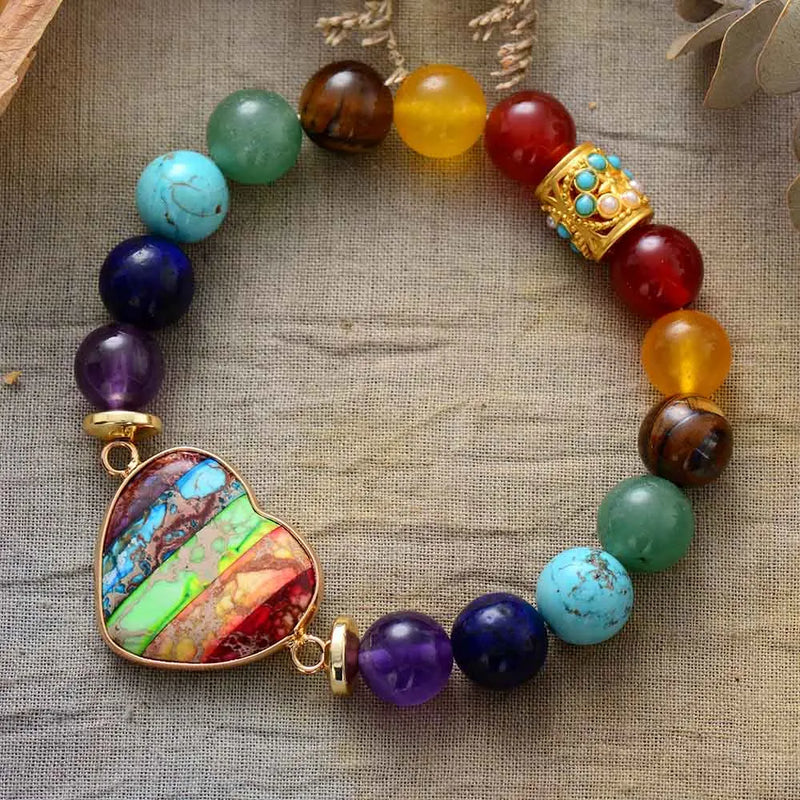 Chakra Heart Charm Bracelet Natural Stones Women Healing Jewelry