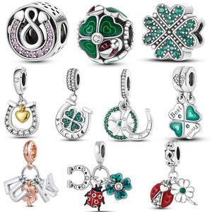 Spiritual Faith Lucky Horseshoe Four Leaf Clovers 925 Silver Beads Charm