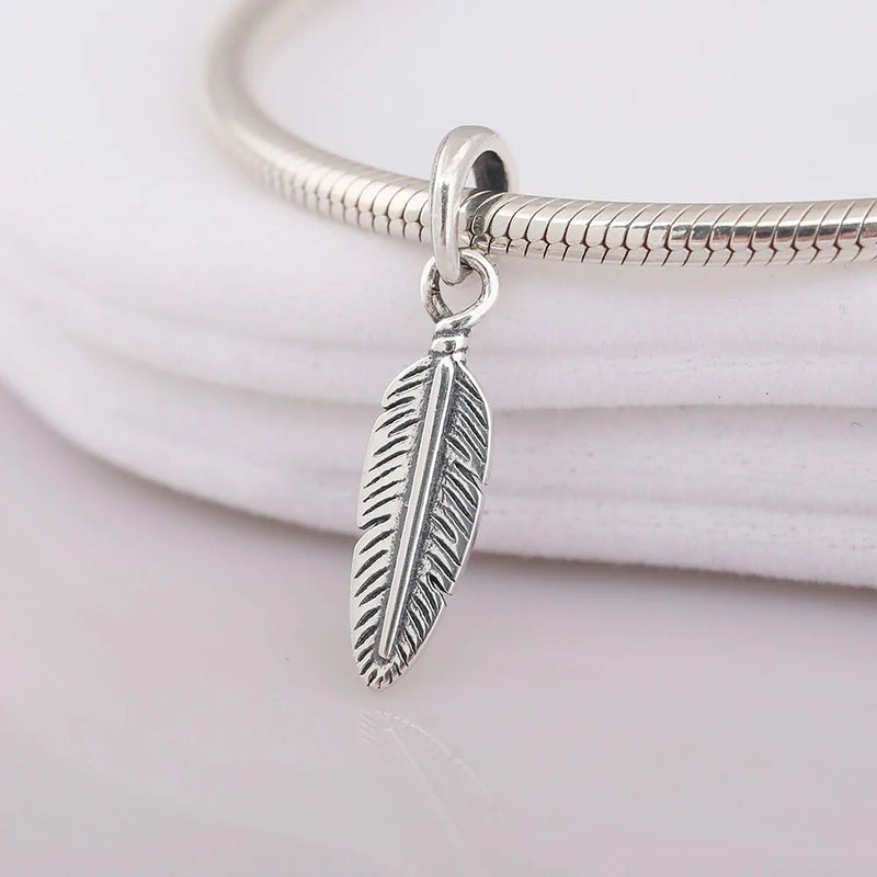Feather Pendant Charm Sterling Silver Bead for Bracelet Necklace
