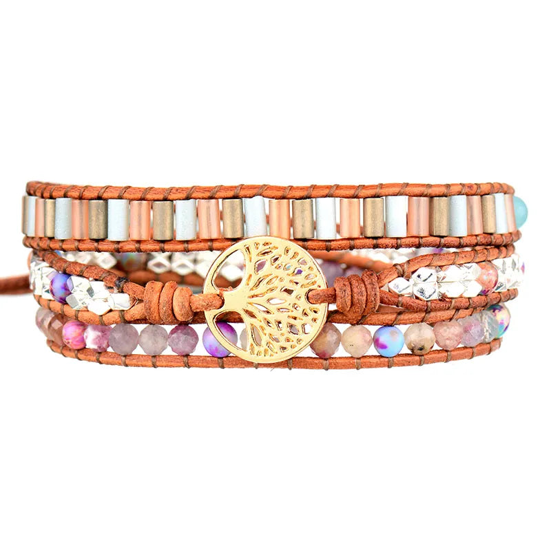 Spiritual Tree Charm Leather Wrap Bracelet Beads Ethnic Jewelry