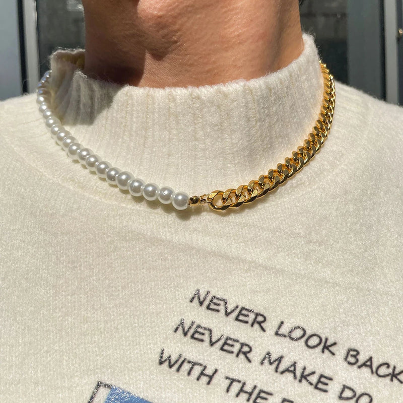 Pearl Beads Chain Choker Necklace Men Punk Beaded Chain Jewelry