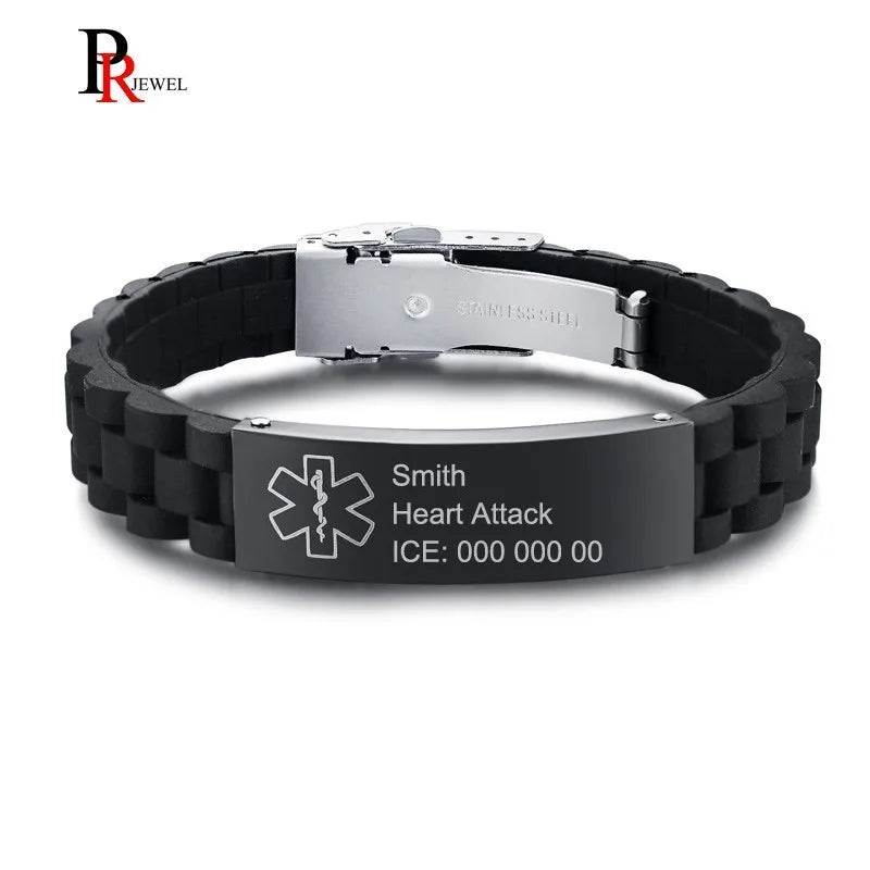 Waterproof Medical Alert ID Bracelet Reversible Sport Slim Size Engraving