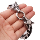 Stainless Steel Black Wolf Head Leather Bracelet Men's Wristband