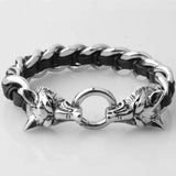Stainless Steel Black Wolf Head Leather Bracelet Men's Wristband