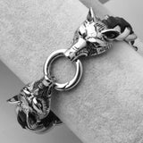 Stainless Steel Black Wolf Head Leather Bracelet Men's Wristband