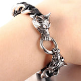 Stainless Steel Black Wolf Head Leather Bracelet Men's Wristband