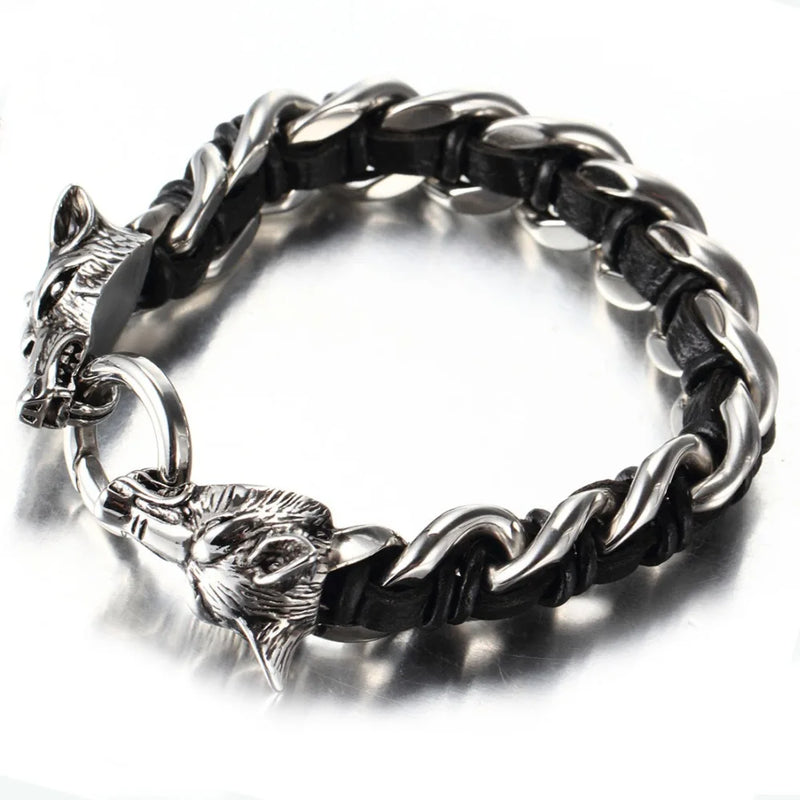 Stainless Steel Black Wolf Head Leather Bracelet Men's Wristband
