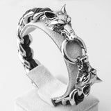Stainless Steel Black Wolf Head Leather Bracelet Men's Wristband