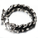 Stainless Steel Black Wolf Head Leather Bracelet Men's Wristband