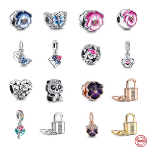 Spring Pink Flower Lock Diy Bead Fit Charms Silver 925 Sterling Bracelet