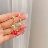 Spring Glass Pink Translucent Strawberry Earrings Long Clip on No Piercing