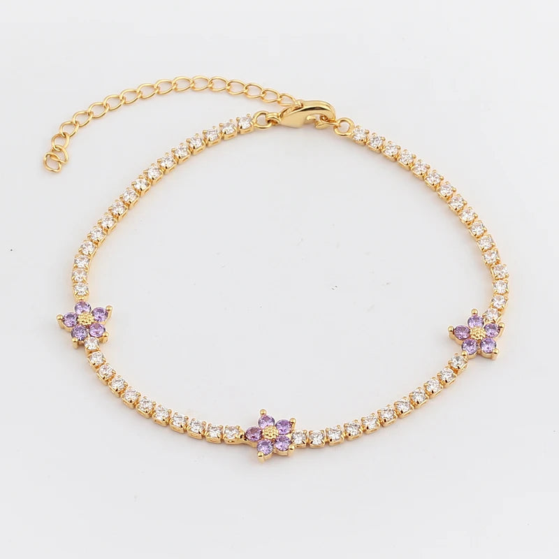 Rainbow Daisy Flower Tennis Chain Bracelet Set