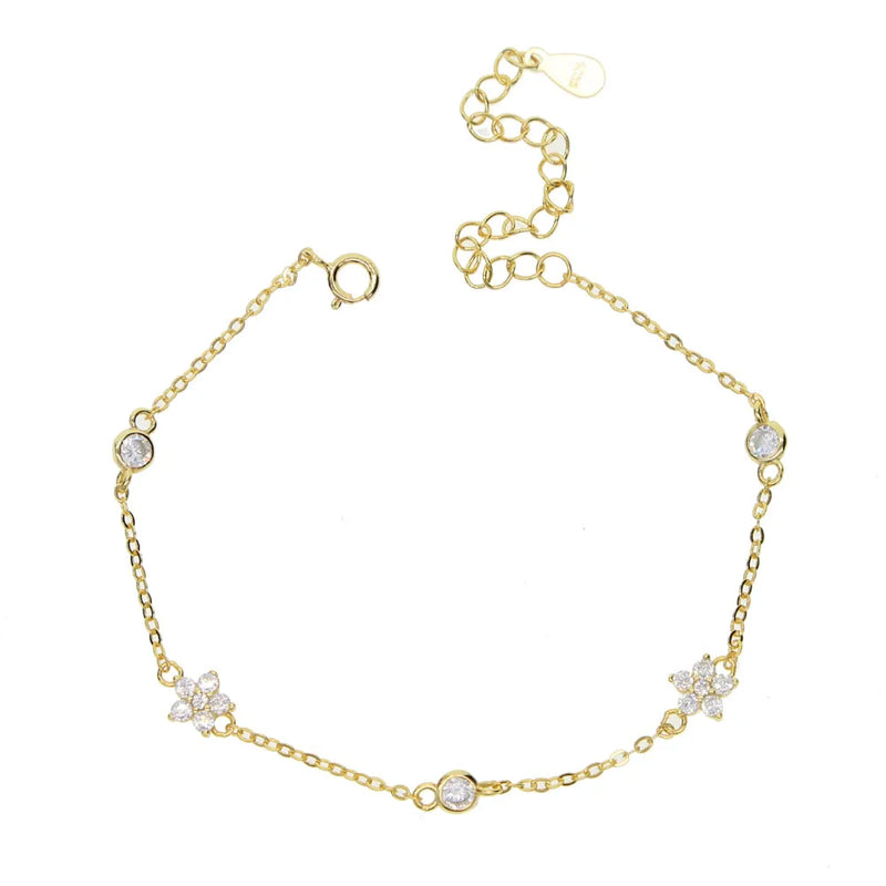 925 Silver Dainty Daisy Flower Cz Link Chain Bracelet