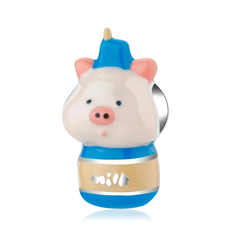 Cartoon Pig Waffles Enamel Charms 925 Sterling Silver Pendant Beads